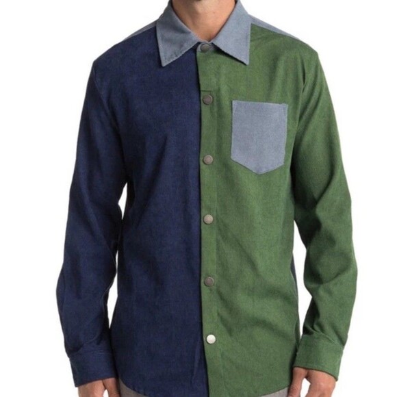 American Stitch Men’s Colorblock Corduroy Shirt Large Shacket Snap Blue Green - Picture 1 of 9